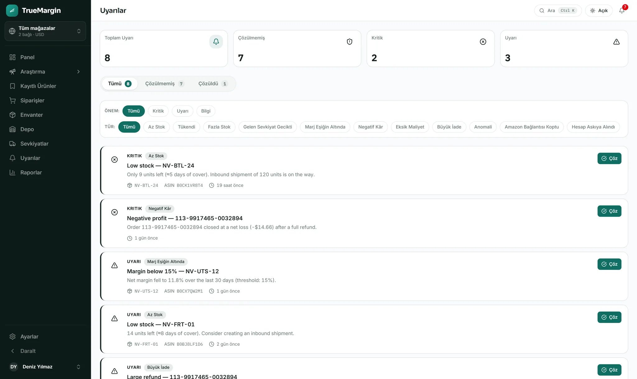 TrueMargin uyarılar sayfası: kritik ve uyarı seviyesinde stok ve kâr uyarıları